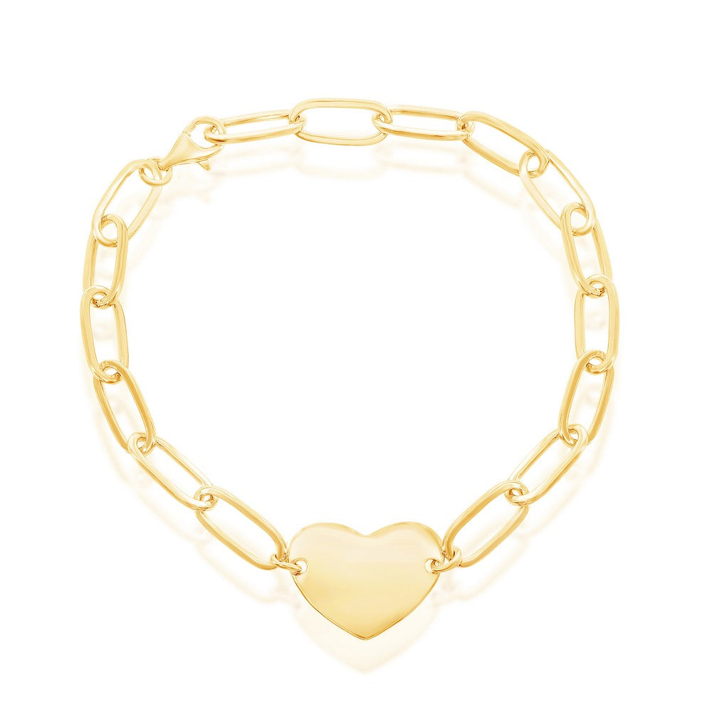 Sterling Silver Polished Heart Paperclip Bracelet - Gold Plated - Silvadi
