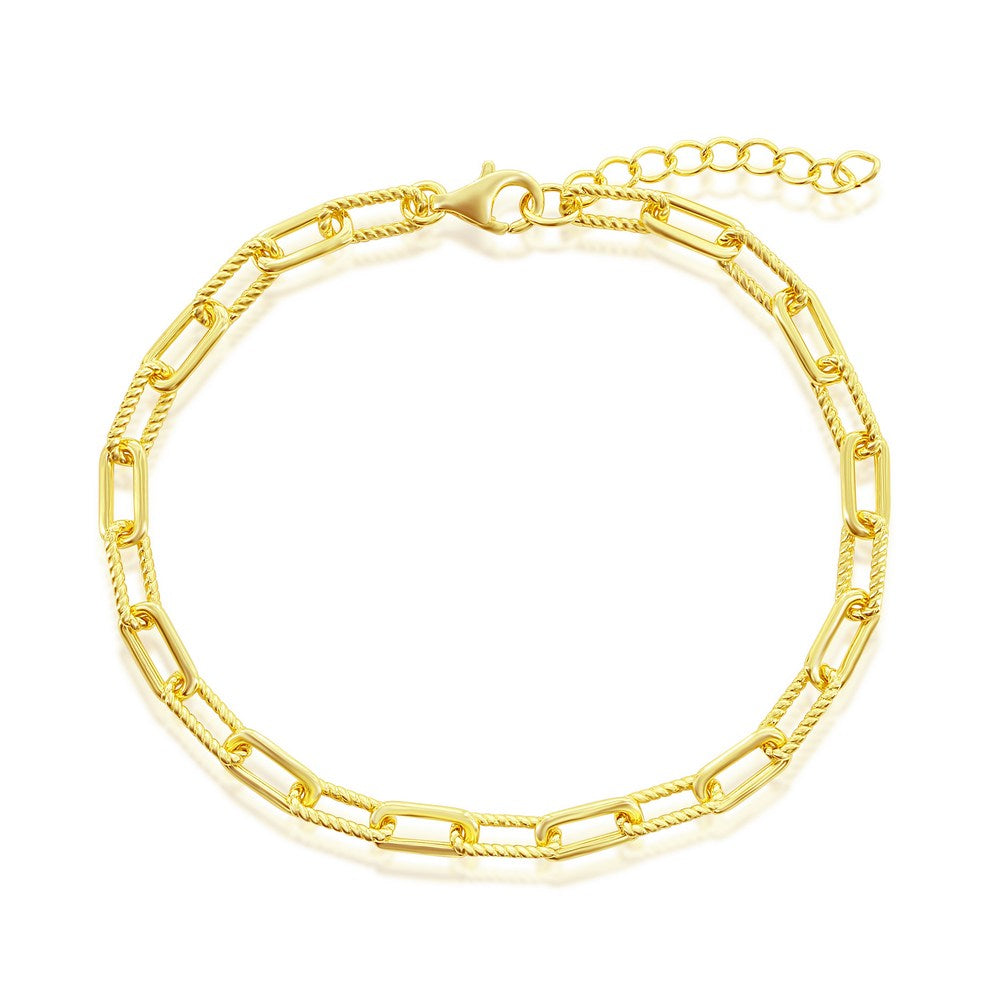 Sterling Silver Polished & Rope Design Paperclip Bracelet - Gold Plated - Silvadi