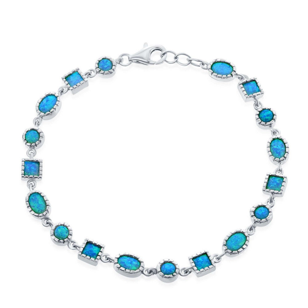 Sterling Silver Alternating Oval, Square & Circle Blue Inlay Opal Bracelet - Silvadi