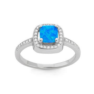 Blue opal cushion cut halo ring with CZ diamonds in sterling silver, Silvadi Jewelry Aurora CO