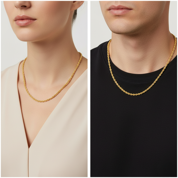 Italian Sterling Silver Rope Chain for Men and Women - 2.2mm thick - Gold Plated