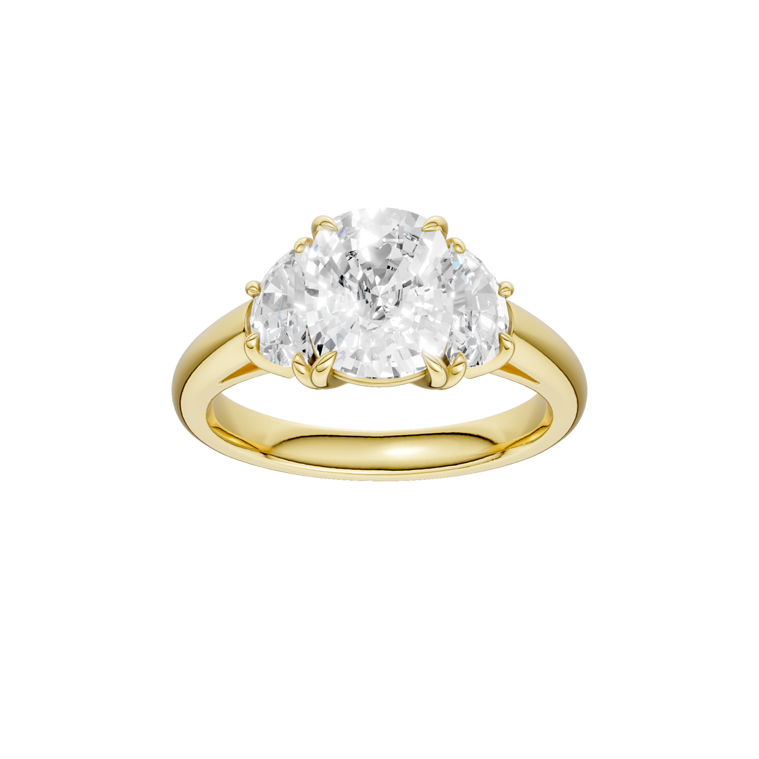3-Stone Engagement Ring (Elongated Cushion + Half Moon) in 14K Yellow Gold – Silvadi Jewelry Aurora CO
