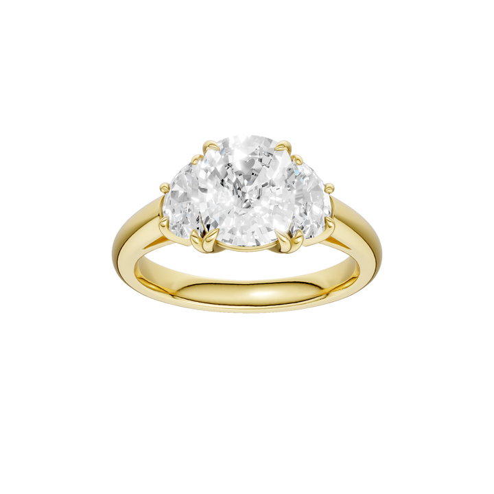 3-Stone Engagement Ring (Elongated Cushion + Half Moon) in 14K Yellow Gold – Silvadi Jewelry Aurora CO