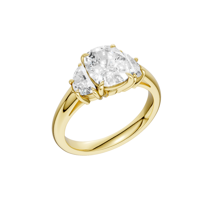 3-Stone Engagement Ring (Elongated Cushion + Half Moon) in 14K Yellow Gold – Silvadi Jewelry Aurora CO