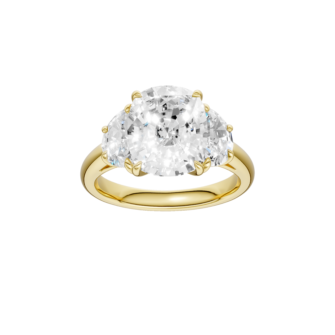 3-Stone Engagement Ring (Elongated Cushion + Half Moon) in 14K Yellow Gold – Silvadi Jewelry Aurora CO