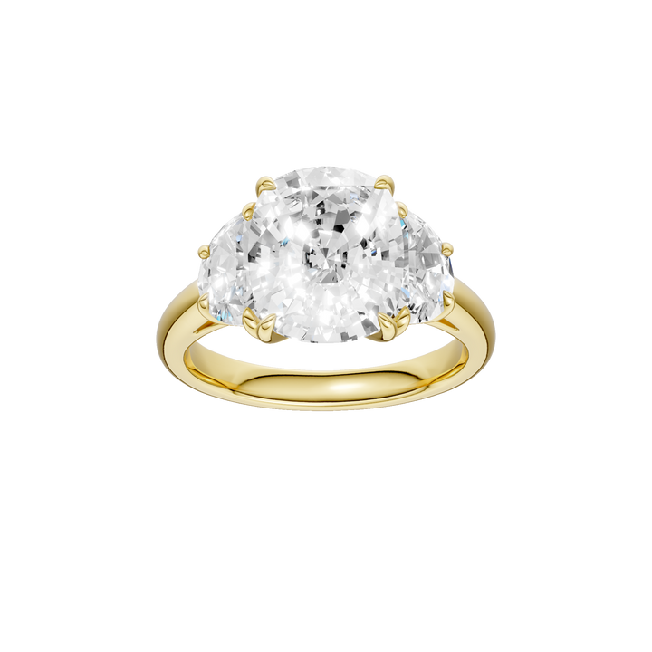 3-Stone Engagement Ring (Elongated Cushion + Half Moon) in 14K Yellow Gold – Silvadi Jewelry Aurora CO