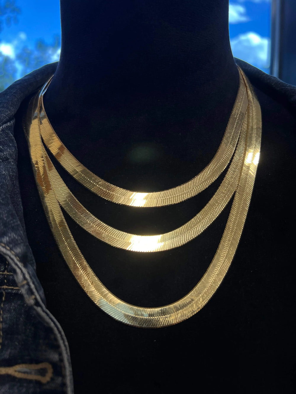 925 sterling silver gold herringbone chain necklace 10mm worn, Silvadi jewelry Aurora Colorado