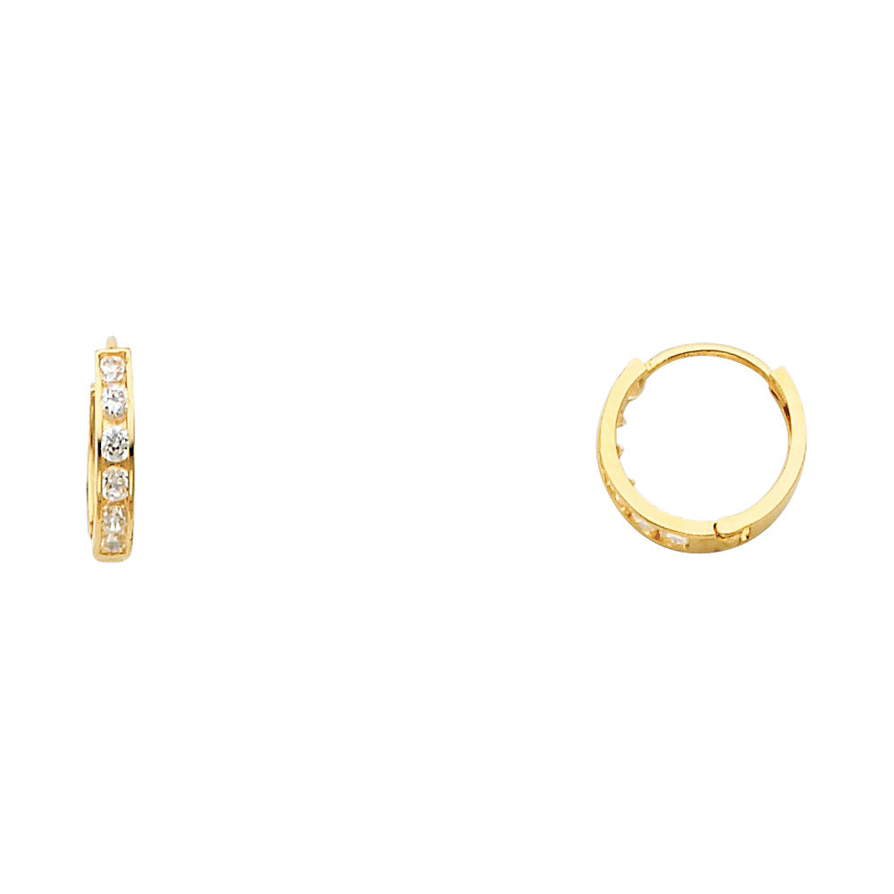 14K yellow gold CZ huggie hoop earrings, 11mm, side and front view