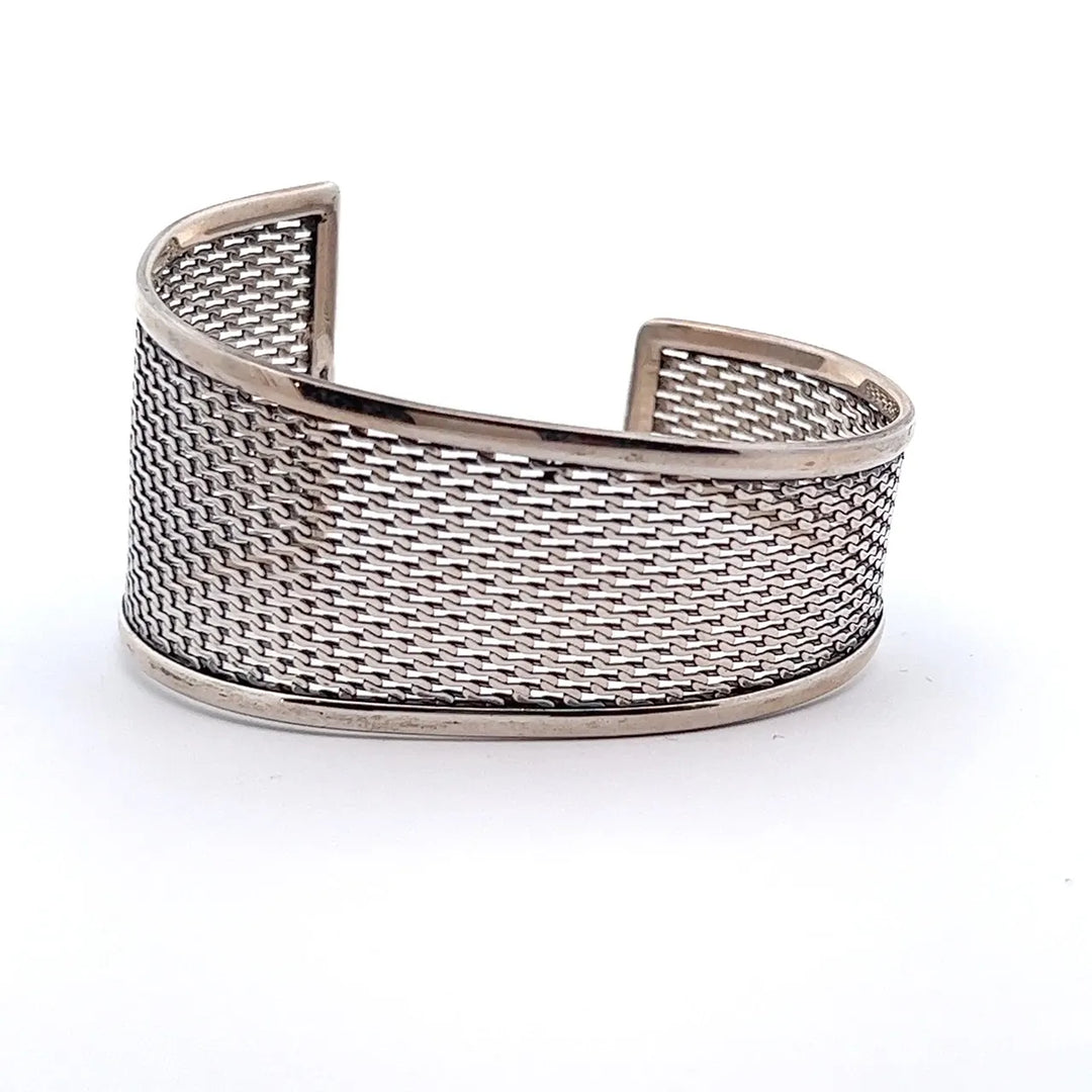 Handcrafted 925 sterling silver mesh cuff bracelet available at Silvadi Jewelry, Aurora, Colorado.
