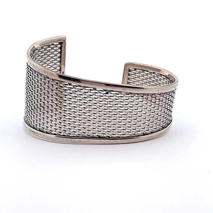 Handcrafted 925 sterling silver mesh cuff bracelet available at Silvadi Jewelry, Aurora, Colorado.