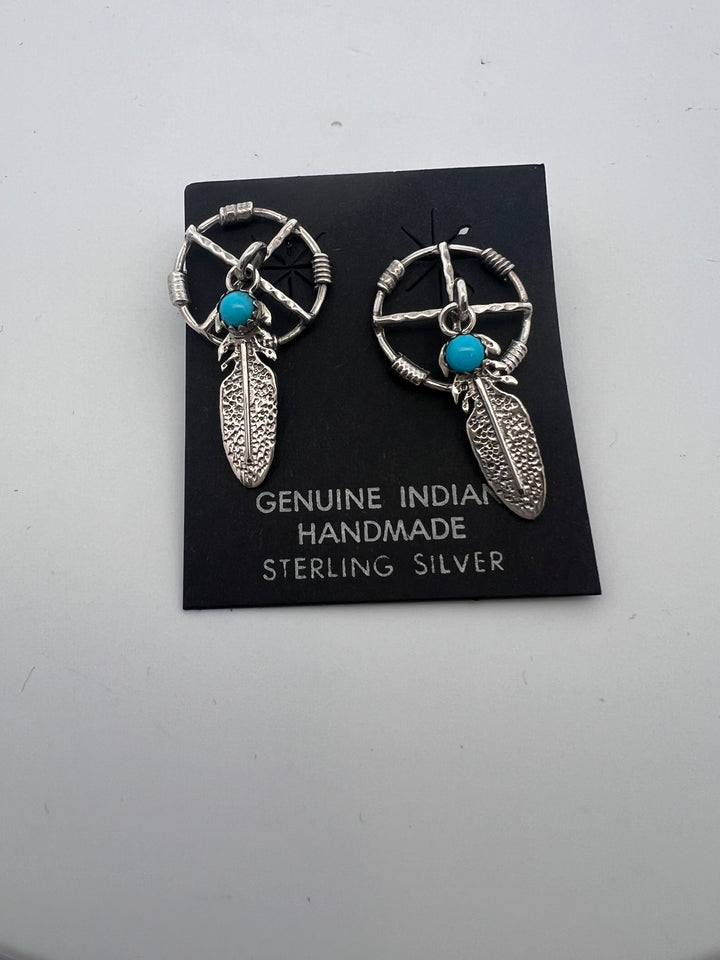 Navajo Turquoise Warrior Shield with dangling Feather Earrings