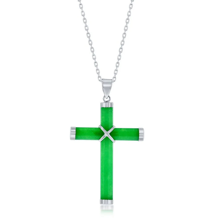 Natural green jade cross pendant with 925 sterling silver setting and chain, Silvadi Aurora CO