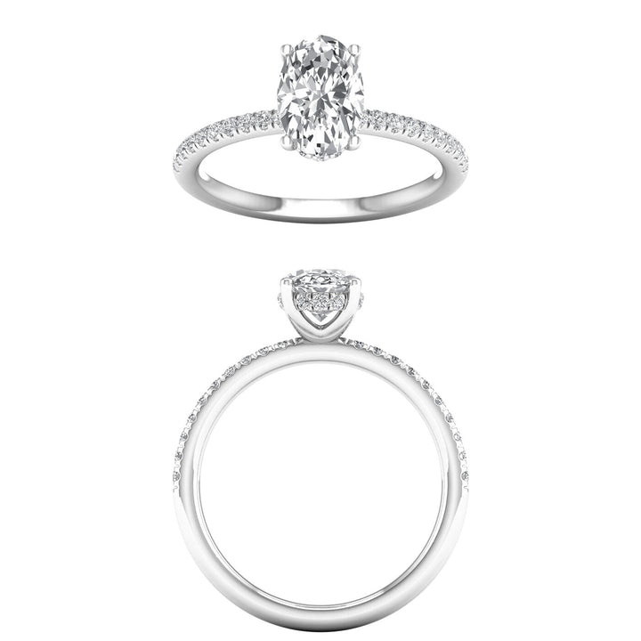Oval lab-grown diamond hidden halo engagement ring in 14K gold by Silvadi Jewelry, Aurora, Colorado.