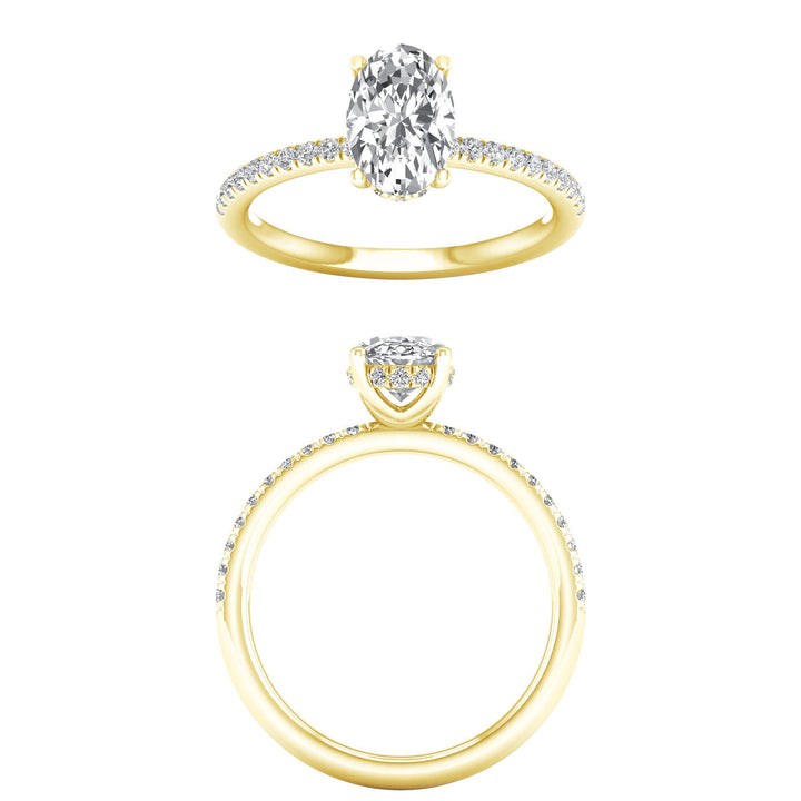 Side view of a brilliant oval diamond ring showing the secret hidden halo at Silvadi Jewelry in Aurora, CO.