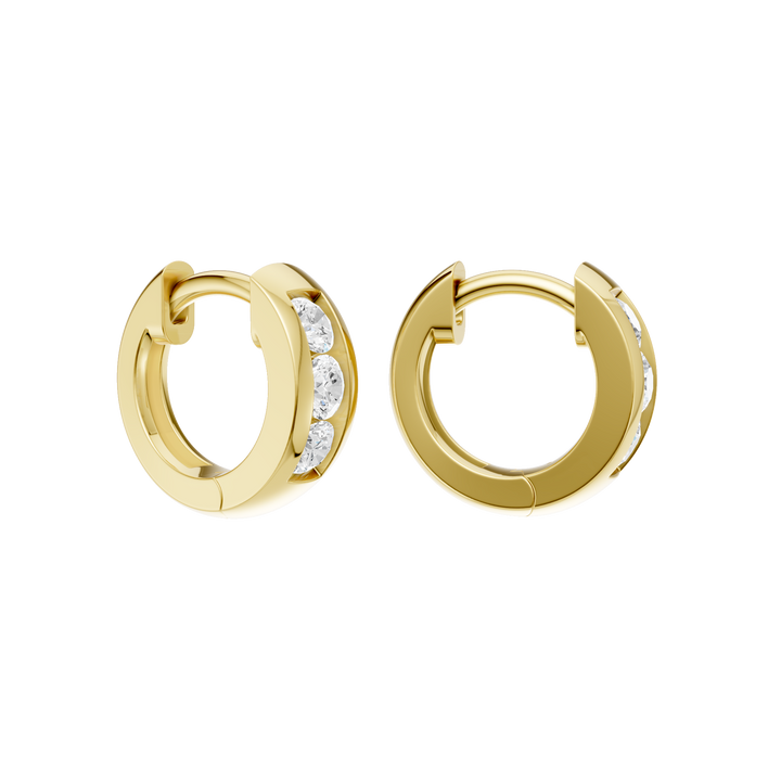 Channel-Set Huggies Hoop Earrings (Round) in 14K Yellow Gold – Silvadi Jewelry Aurora CO