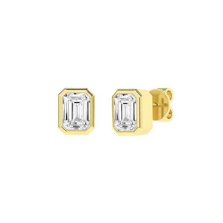 Bezel-Set Solitaire Stud Earrings (Emerald) in 14K Yellow Gold – Silvadi Jewelry Aurora CO