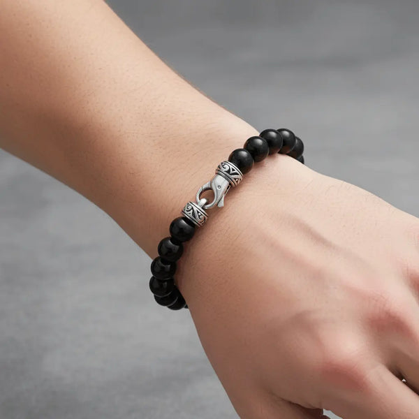 Stainless Steel Genuine Black Onyx 10mm Bead Bracelet for Men