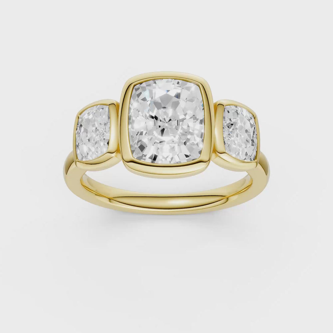 Bezel-Set 3 Stone Ring (Elongated Cushion) in 14K Yellow Gold – Silvadi Jewelry Aurora CO