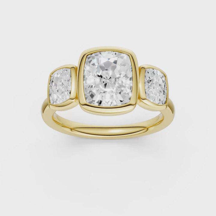 Bezel-Set 3 Stone Ring (Elongated Cushion) in 14K Yellow Gold – Silvadi Jewelry Aurora CO