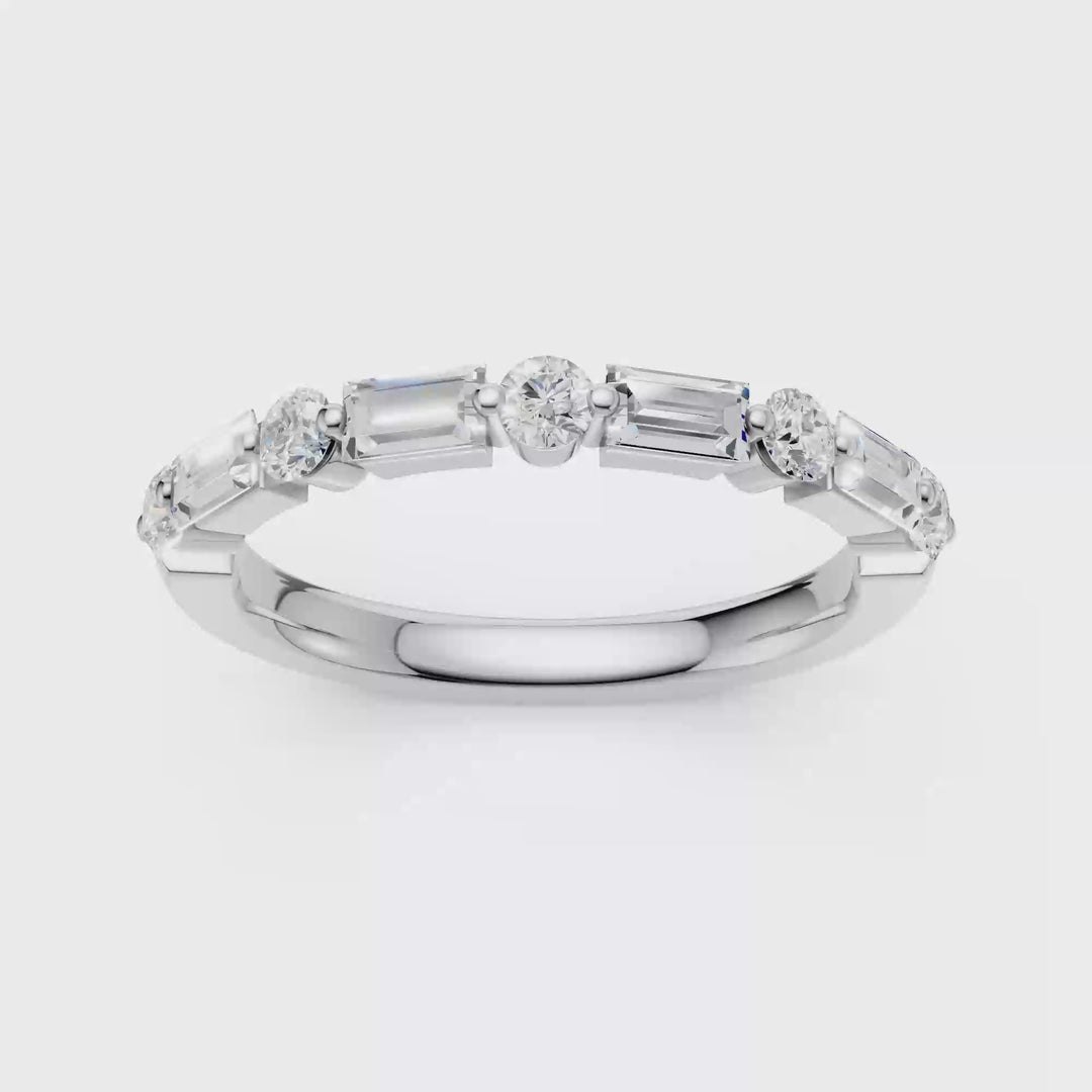 Single Shared-Prong Wedding Band (Round, Baguette) in 14K White Gold – Silvadi Jewelry Aurora CO