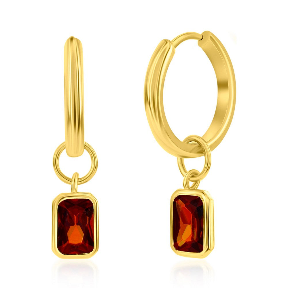 Red rectangular Garnet CZ stone hanging from 18K gold plated huggie hoops on a white background. Aurora CO