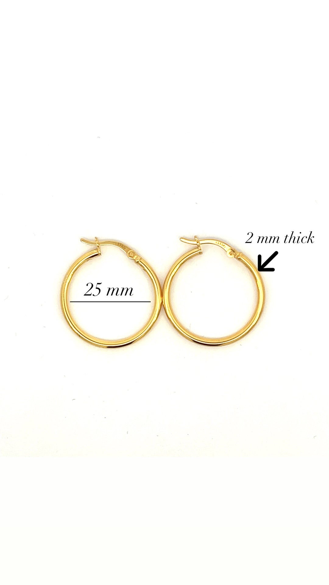 Sterling Silver 2 mm thick, 25 mm Diameter Hoop Earring - Gold Plated - Silvadi