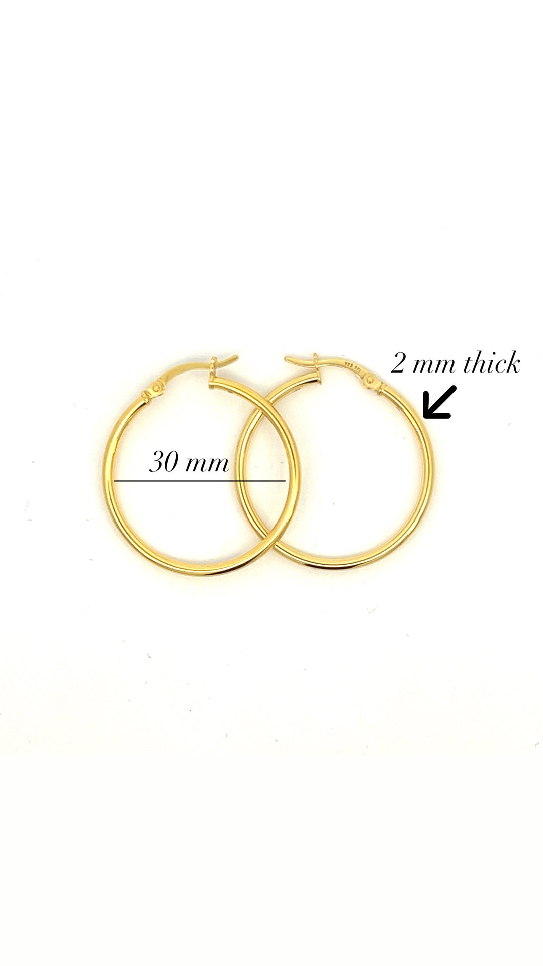 Sterling Silver 2mm Thick, 30 mm Diameter Hoop Earring - Gold Plated - Silvadi