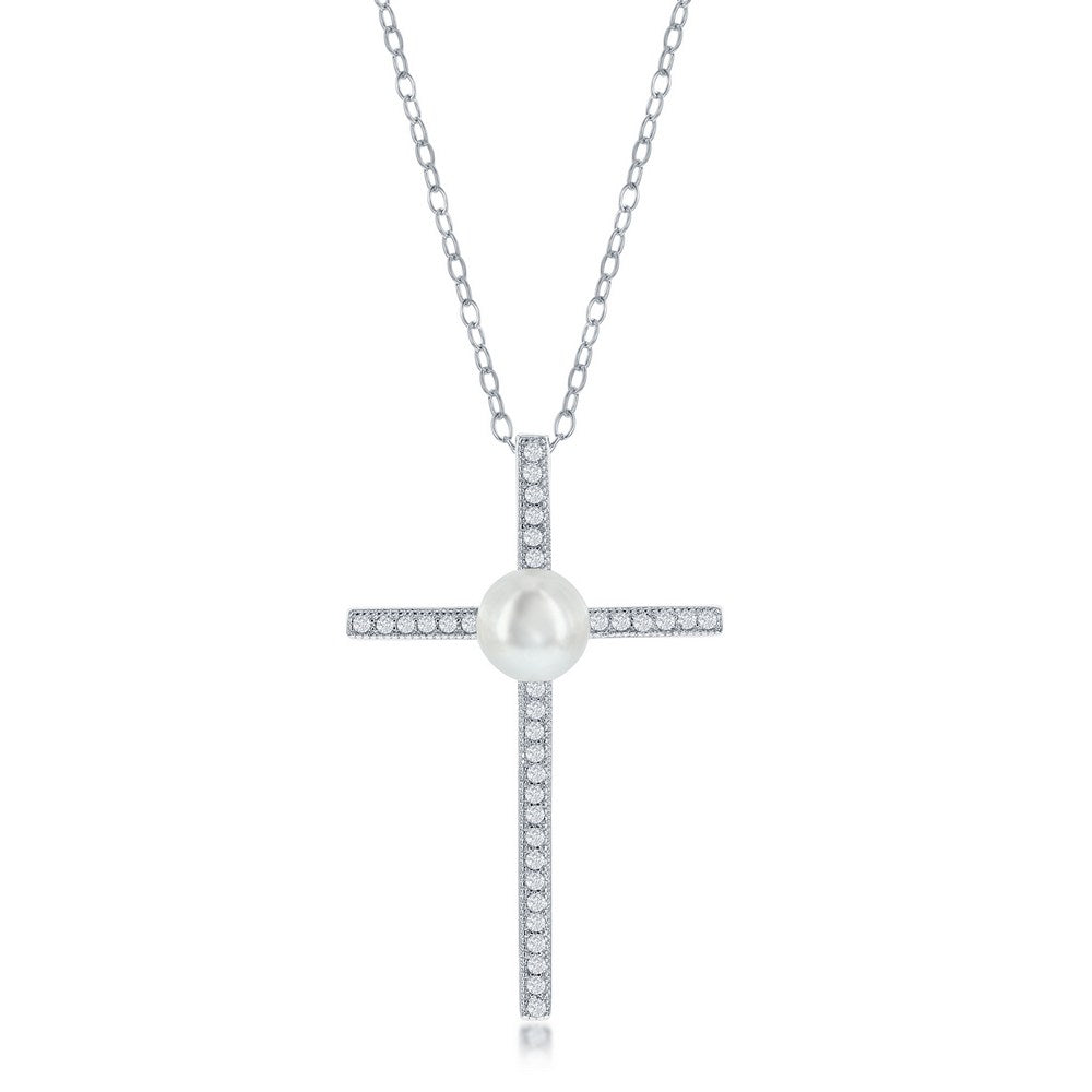 Sterling silver CZ and natural pearl cross pendant necklace by Silvadi Jewelry, Aurora, Colorado.