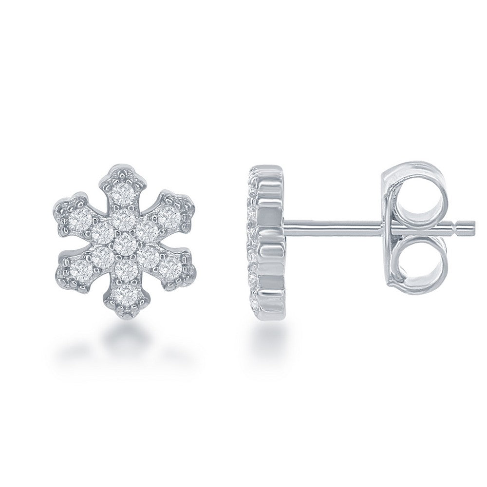 Sterling Silver Small CZ Snowflake Stud Earrings - Silvadi