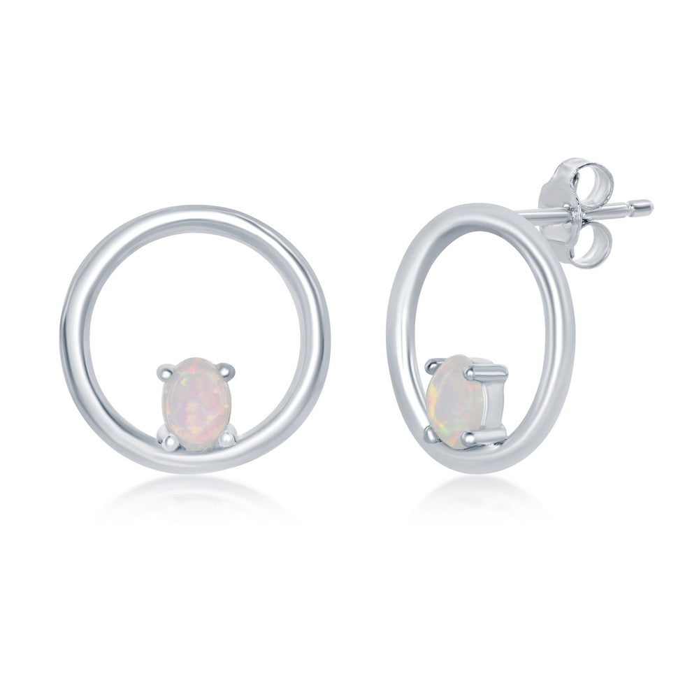 Sterling Silver Open Circle with Four-Prong White Opal Stud Earrings - Silvadi