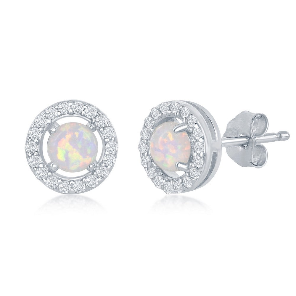 Sterling Silver Four-Prong White Opal with CZ Halo Round Stud Earrings - Silvadi