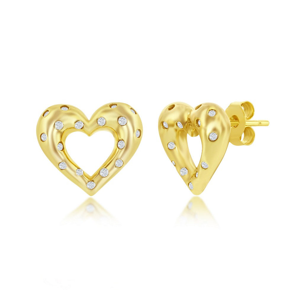 Sterling Silver Flush Set CZ Heart Earrings - Gold Plated - Silvadi