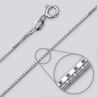 Italian sterling silver box chain close up 1.1mm rhodium plated, Silvadi jewelry
