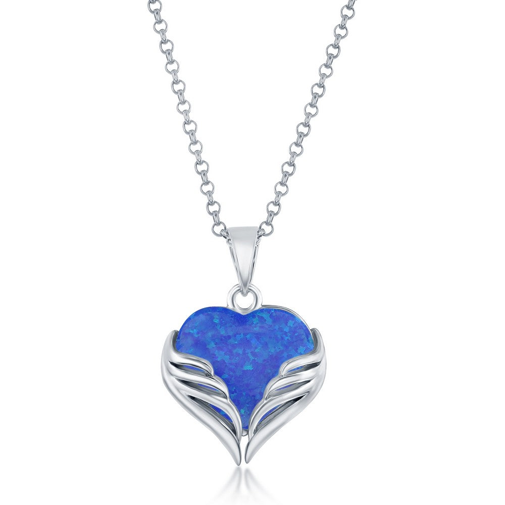 Sterling Silver Blue Opal Heart Angel Wings Pendant - Silvadi