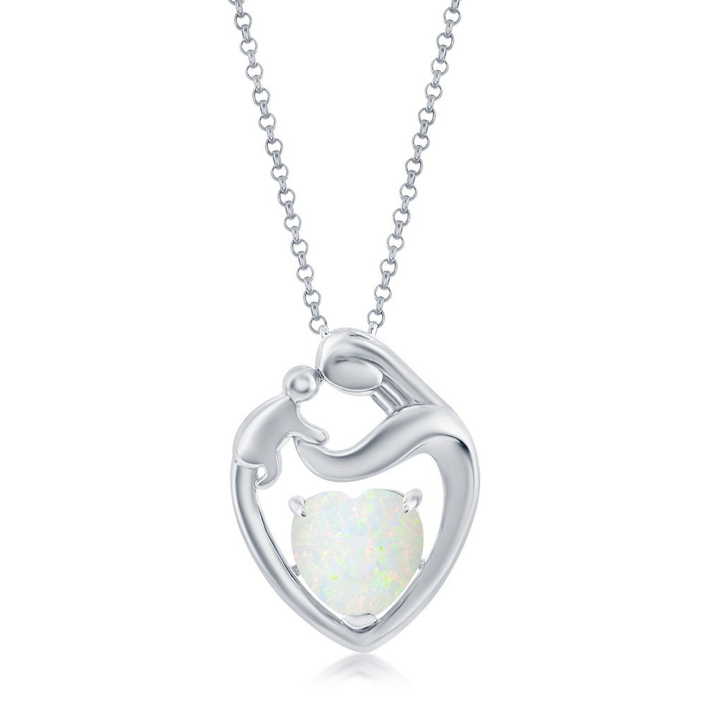 Sterling Silver White Opal Heart Mother & Child Pendant - Silvadi