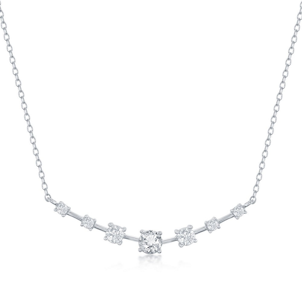 Sterling Silver Graduating Round CZ Curved Bar Necklace - Silvadi