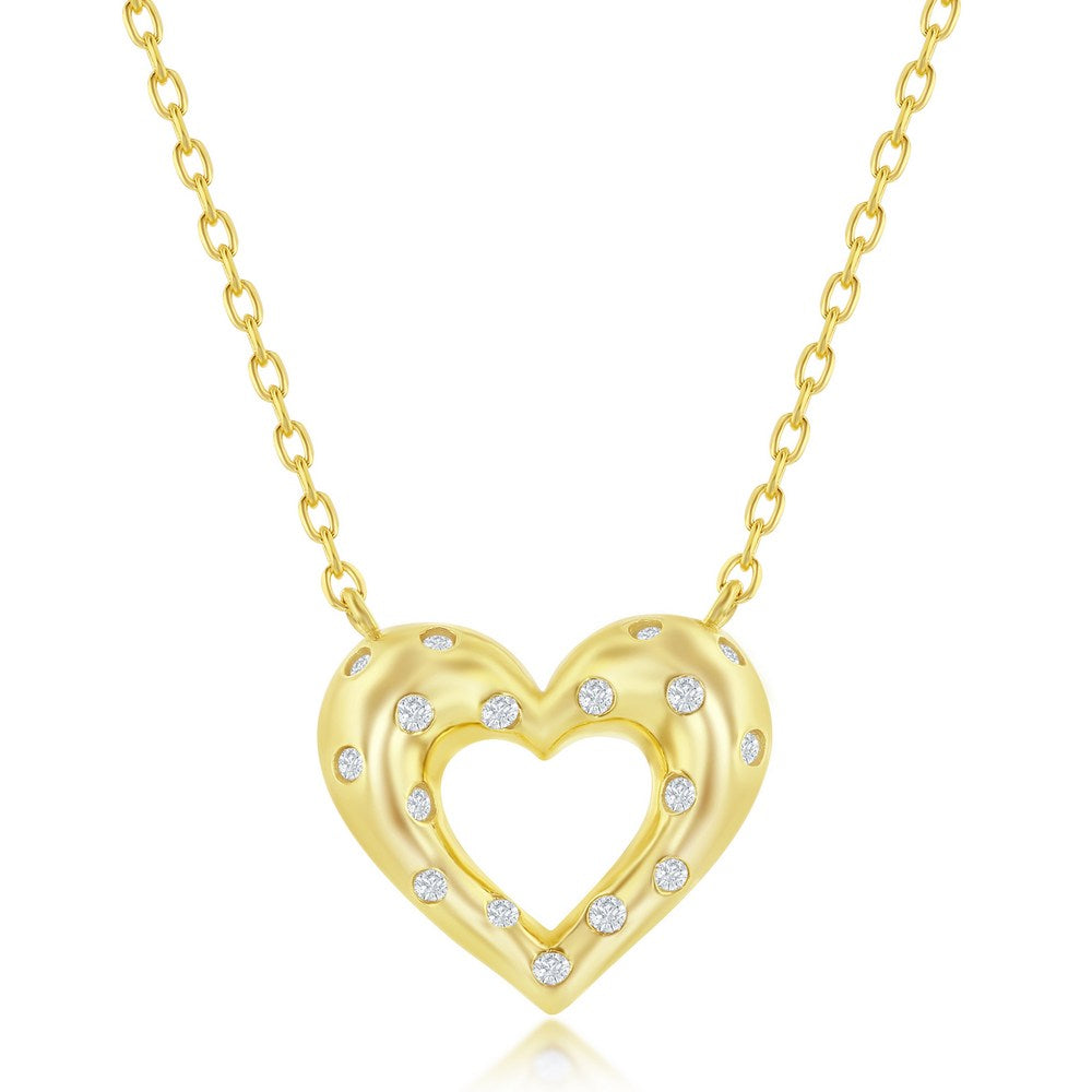 Sterling Silver Flush Set CZ Heart Necklace- Gold Plated - Silvadi