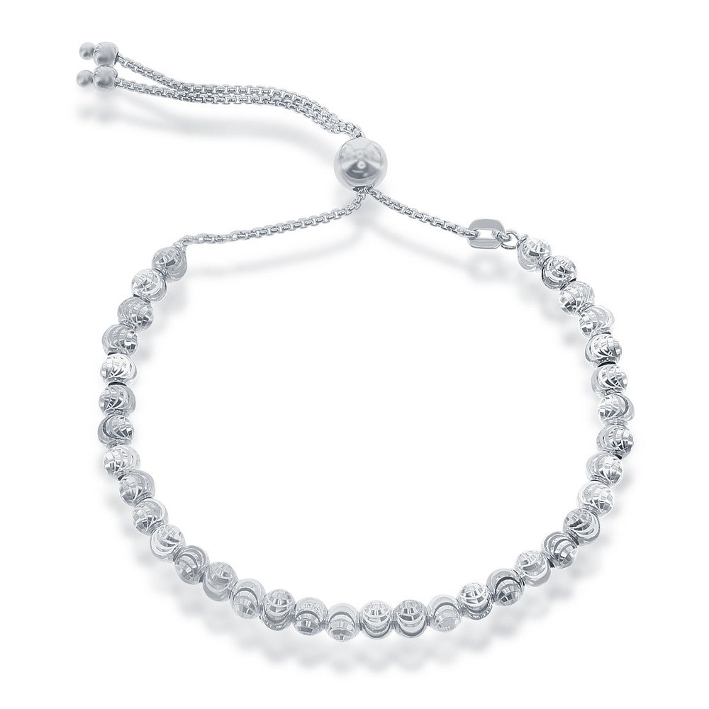 Sterling Silver Round Diamond-Cut Moon Bead Adjustable Bolo Bracelet - Silvadi