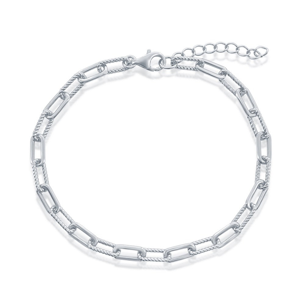 Sterling Silver Polished & Rope Design Paperclip Bracelet - Silvadi