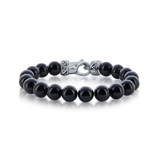 Stainless Steel Genuine Black Onyx 10mm Bead Bracelet for Men