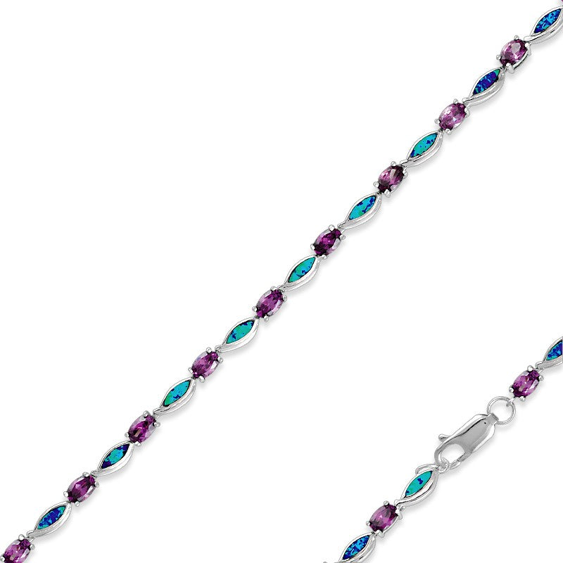 Sterling Silver Alternating Oval Amethyst CZ's and Blue Inlay Opal Marquise Shapes Bracelet - Silvadi