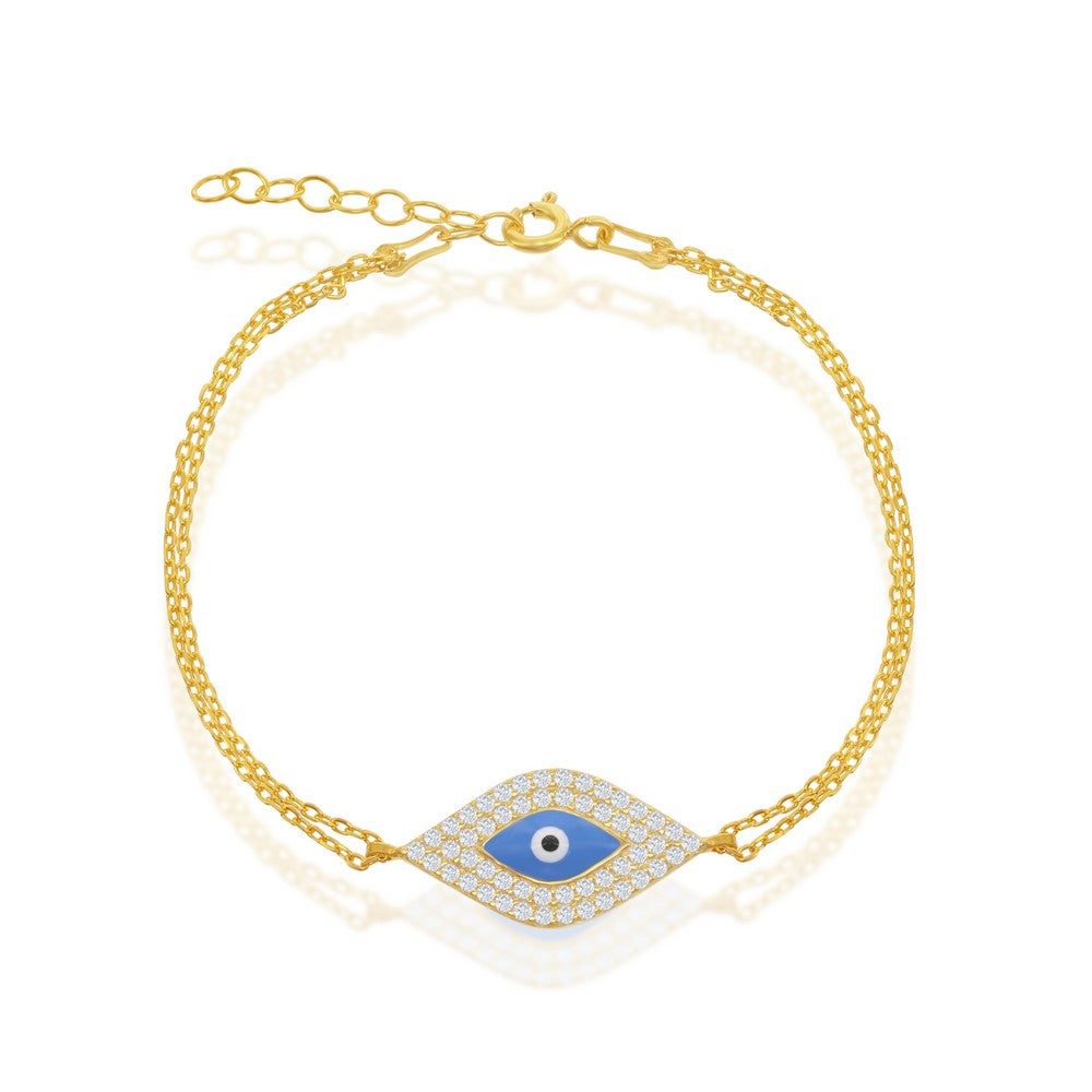 Sterling Silver Double-Strand w/ Center CZ and Blue Evil Eye Bracelet - Gold Plated - Silvadi