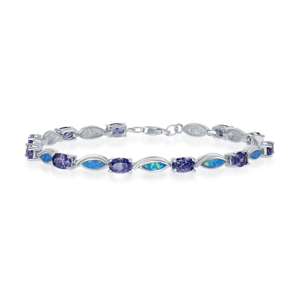 Sterling Silver Alternating Oval Tanzanite CZ's and Blue Inlay Opal Marquise Shapes Bracelet - Silvadi