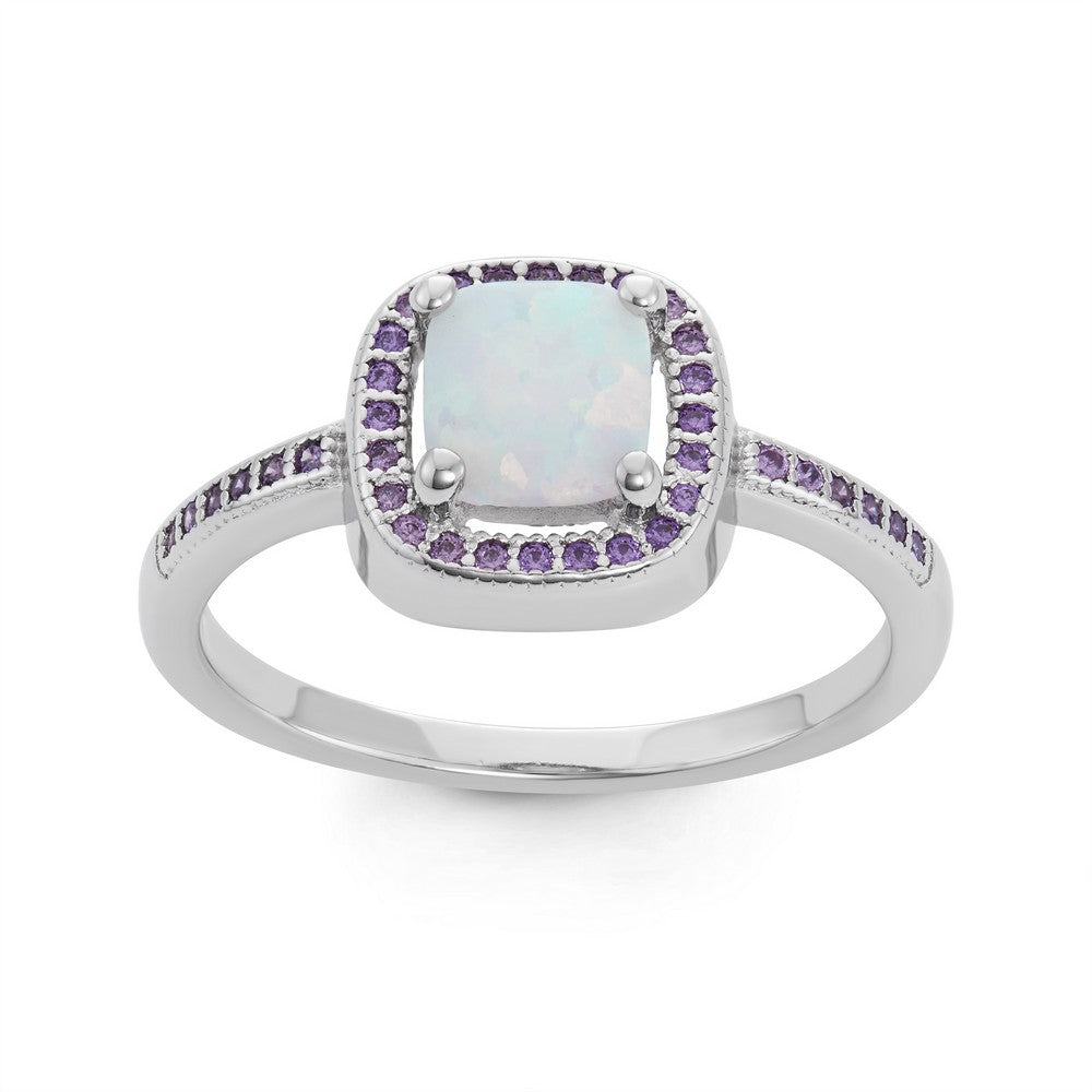 Sterling Silver Square White Inlay Opal with Amethyst Micro Pave CZ Border Ring - Silvadi
