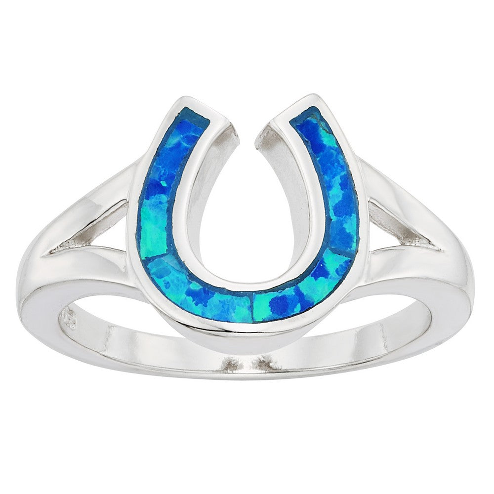 Sterling Silver Blue Inlay Opal Horseshoe Ring - Silvadi