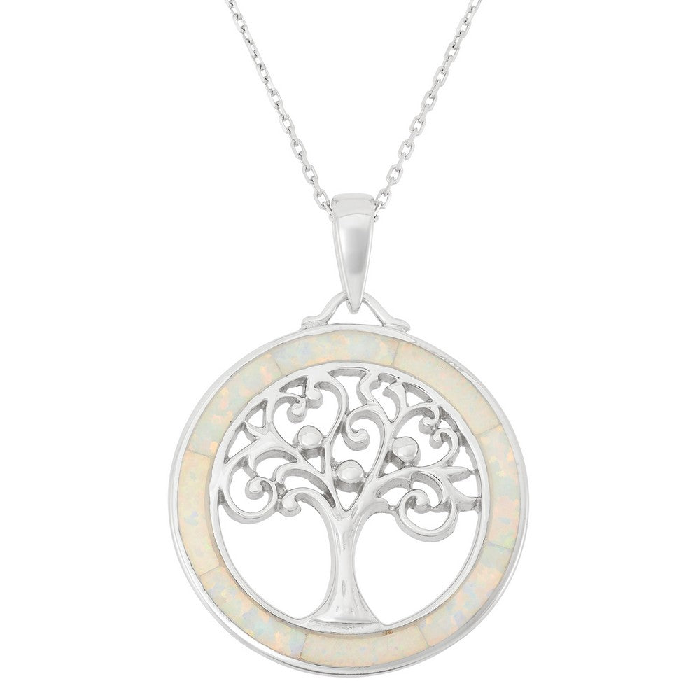 Model wearing a Silvadi Opal Tree of Life necklace with an 18-inch silver chain. Aurora CO